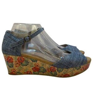 TOMS Blue Denim Strappy Floral Wedge Heel Sz 9.5